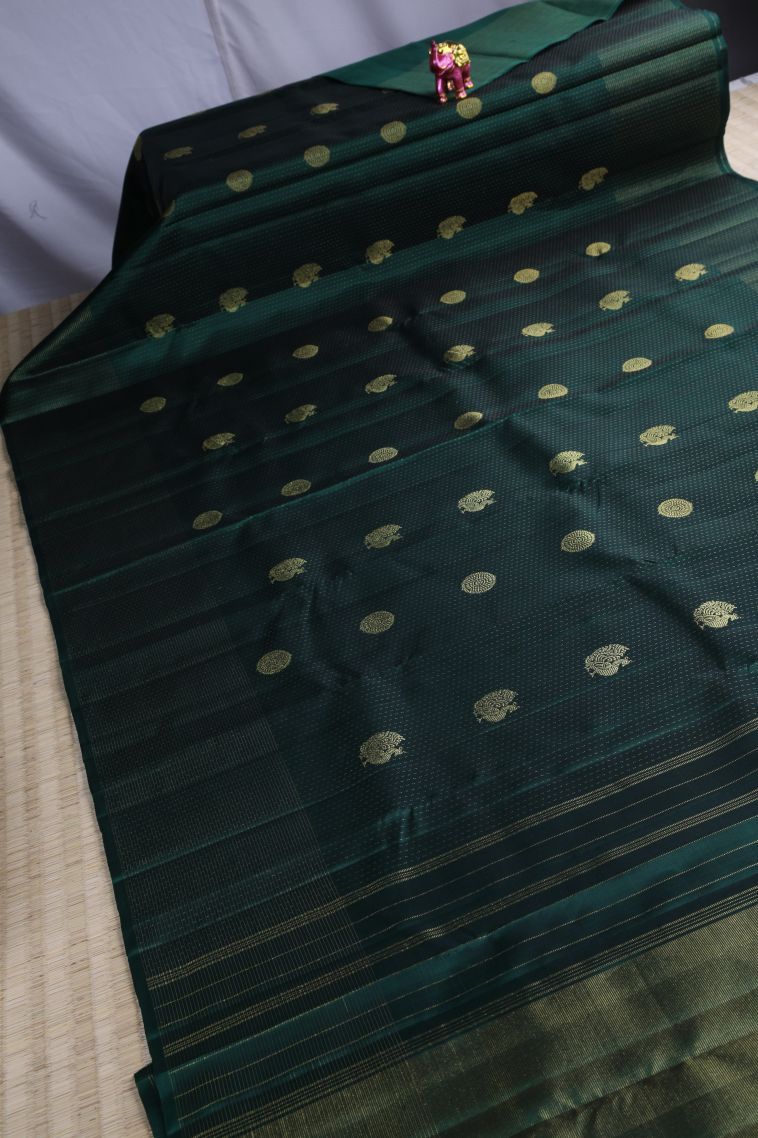 Bottle Green Kanchipuram Silk Sarees with Gold Zari Vaira Oosi view 2