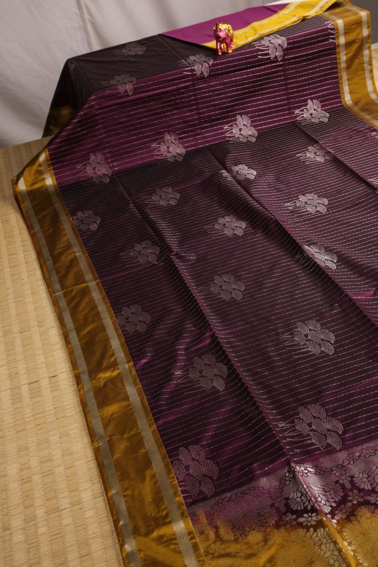 Jam Purple Soft Silk Saree with Silver Zari Floral Puttas view 2