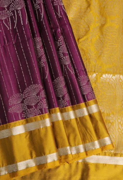 Jam Purple Soft Silk Saree with Silver Zari Floral Puttas