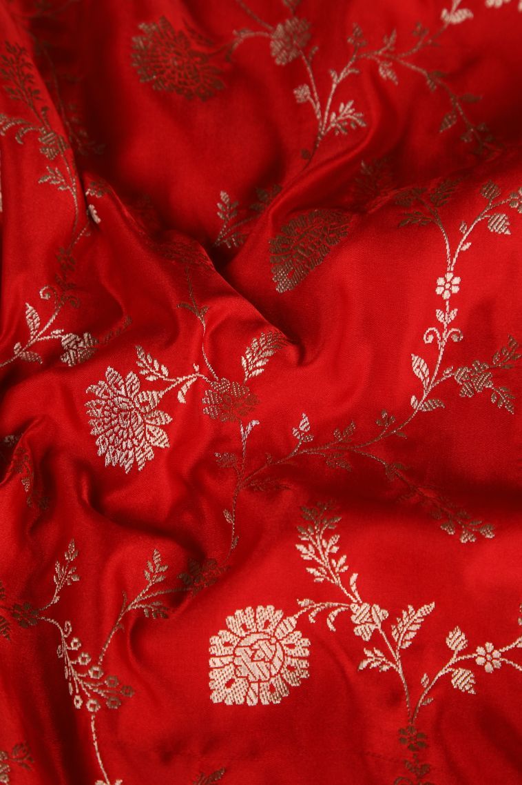 Candy Red Banaras Sarees with Gold Zari Floral Patterns view 4