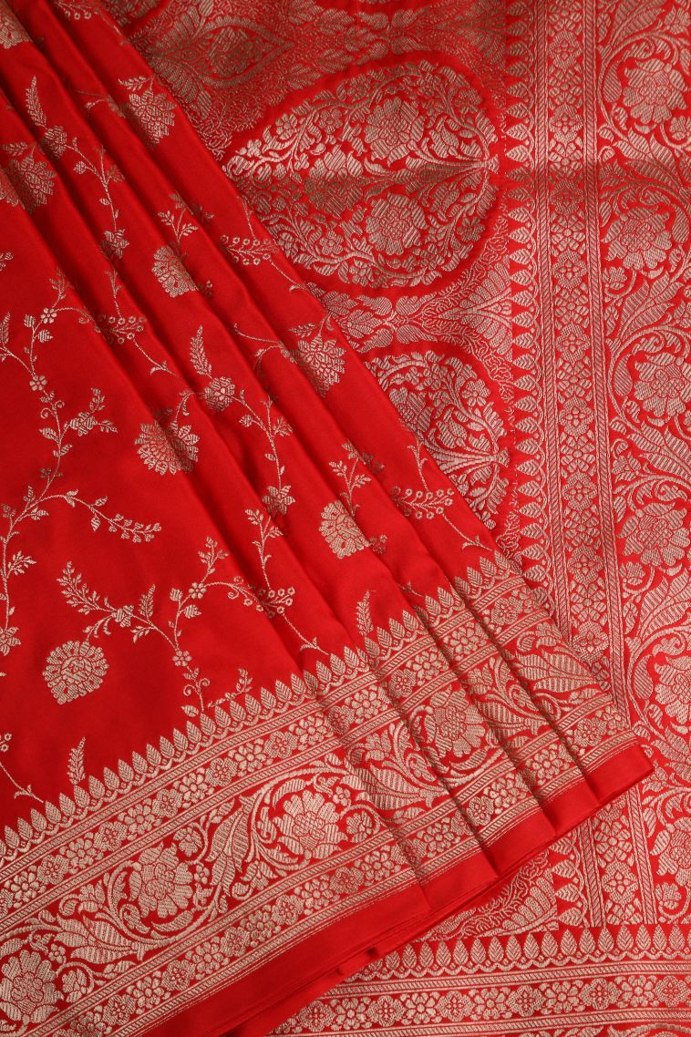 Candy Red Banaras Sarees with Gold Zari Floral Patterns view 1