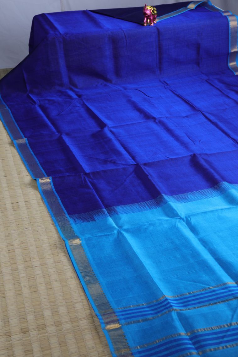 Navy Blue Silk Cotton with Gold Zari Plain view 2