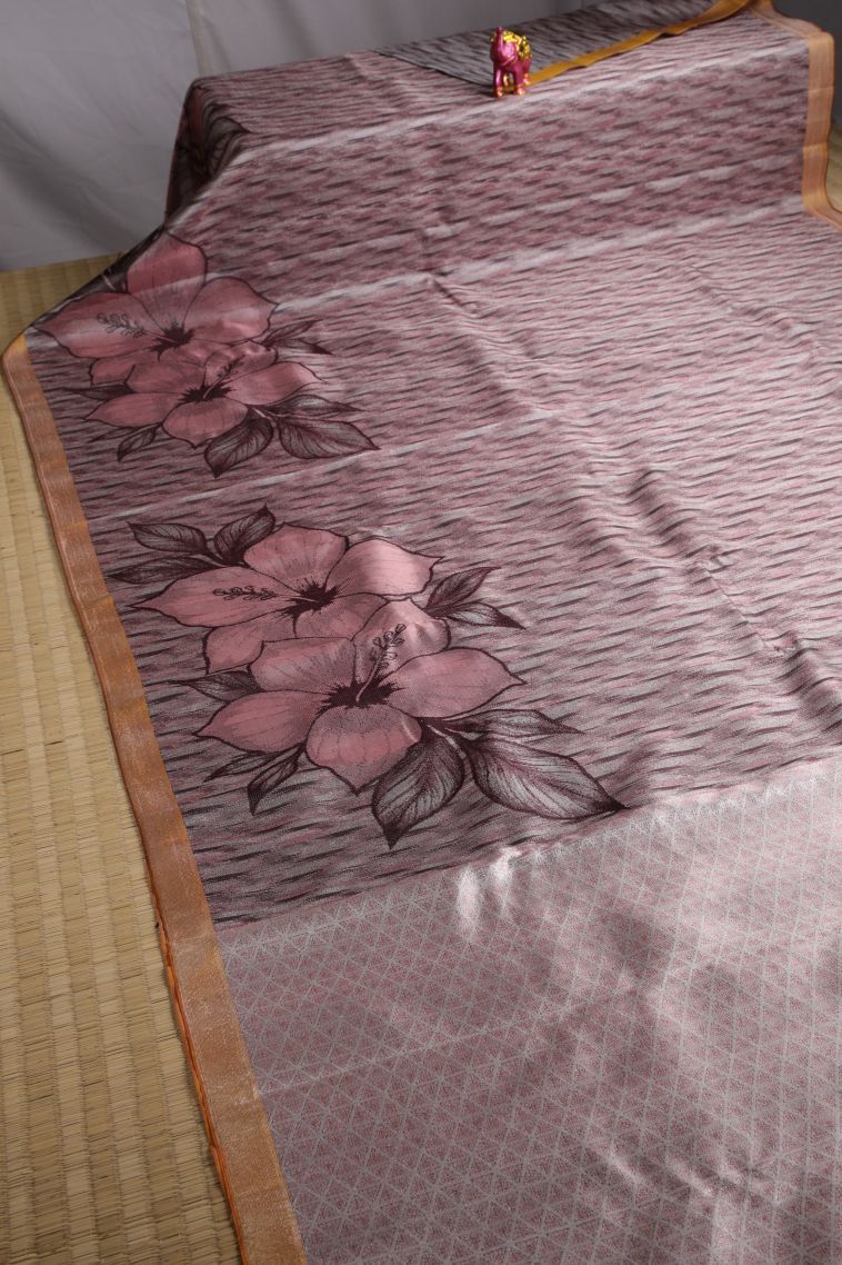 Crepe Pink Kanchipuram Silk Sarees with Silver Zari Floral Patterns view 2