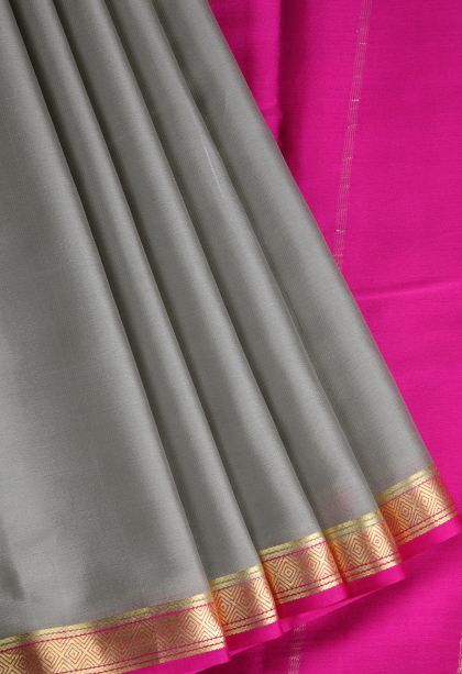 Gray Black Mysore Silk with Gold Zari Plain