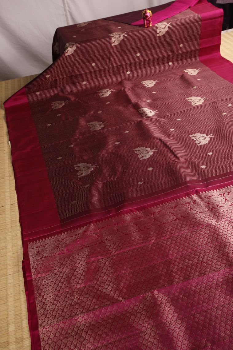 Mahome Red Kanchipuram Silk Sarees with Gold Zari Eliphant Mottif view 2