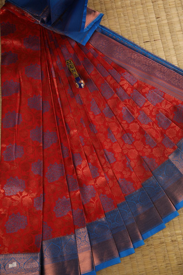 Dawn Red Visiri Madippu Silk Sarees with Copper Zari Floral Patterns view 1