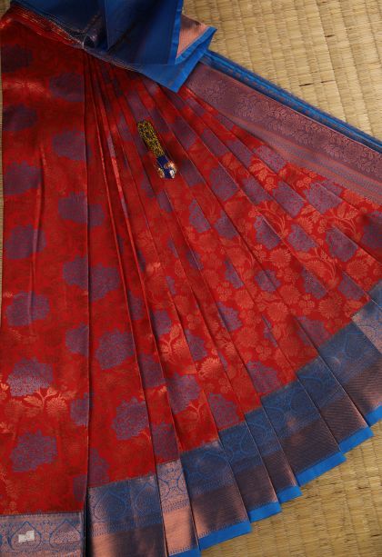 Dawn Red Visiri Madippu Silk Sarees with Copper Zari Floral Patterns