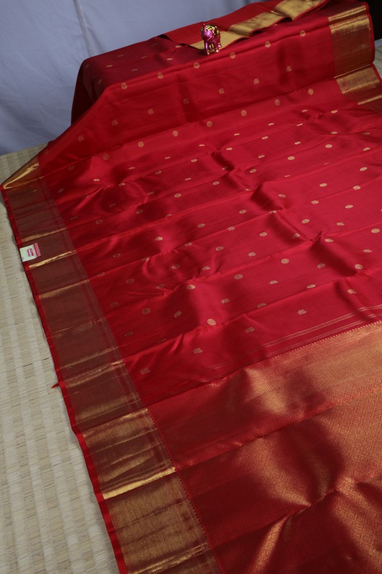 Candy Red Kanchipuram Silk Sarees with Gold Zari Peacock Motifs view 2