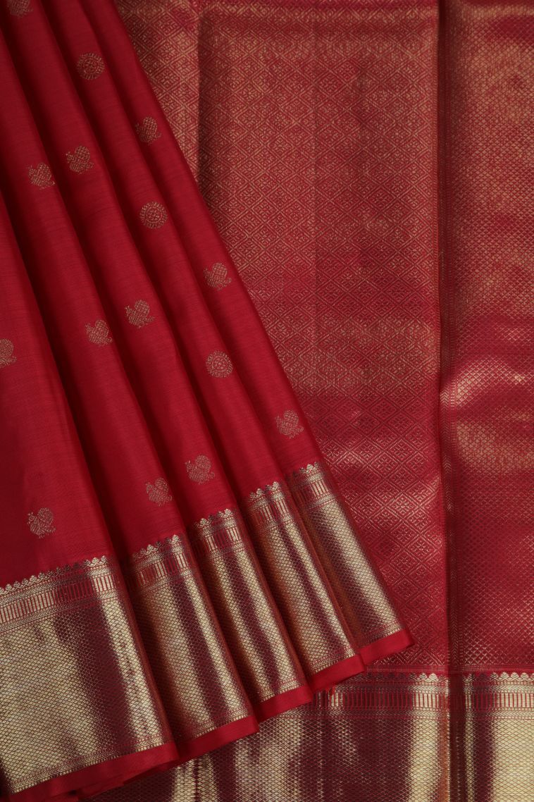 Candy Red Kanchipuram Silk Sarees with Gold Zari Peacock Motifs view 1
