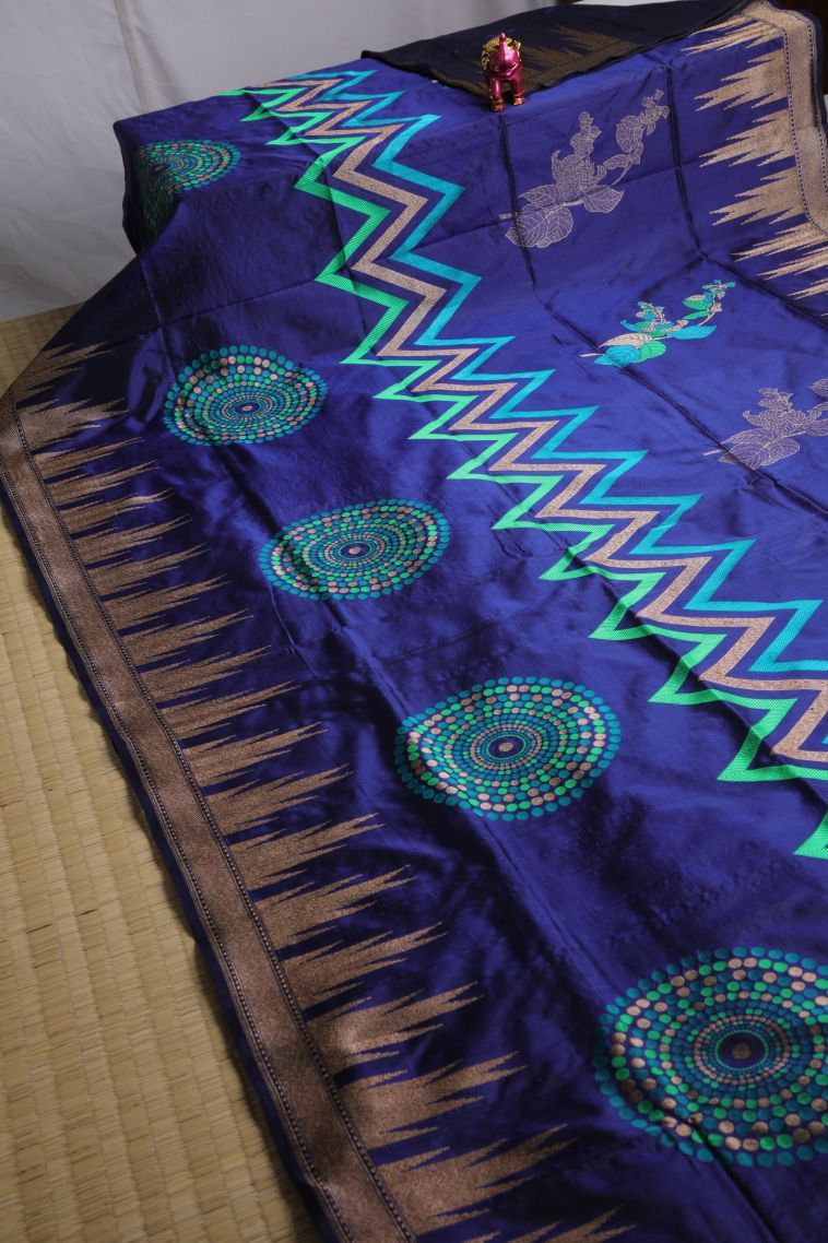 Navy Blue Banaras Silk Saree with Gold And Silver Zari Floral Patterns view 2