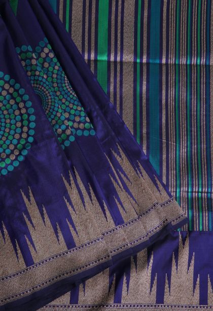 Navy Blue Banaras Silk Saree with Gold And Silver Zari Floral Patterns