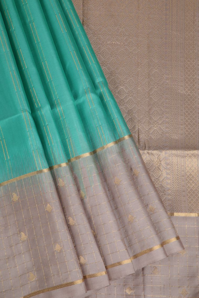 Mint Green Soft Silk Saree with Gold Zari Stripes view 1