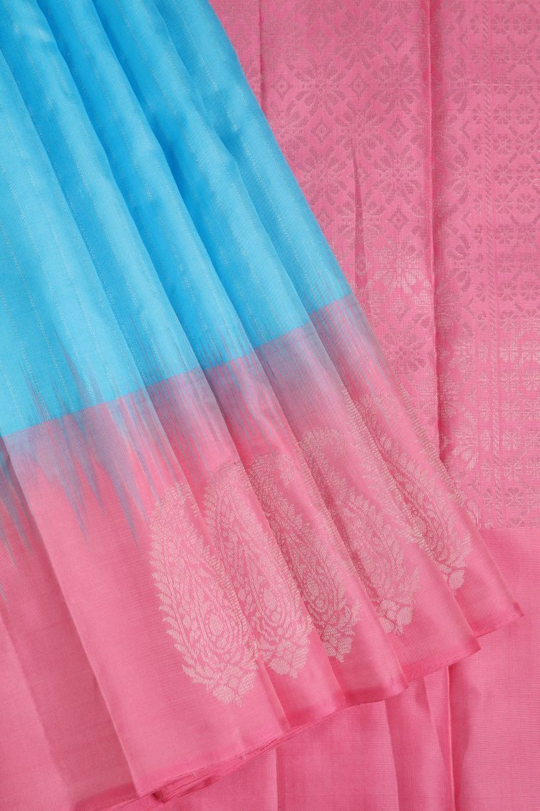 Cerulean Blue Soft Silk Saree with Gold And Silver Zari Checks view 1