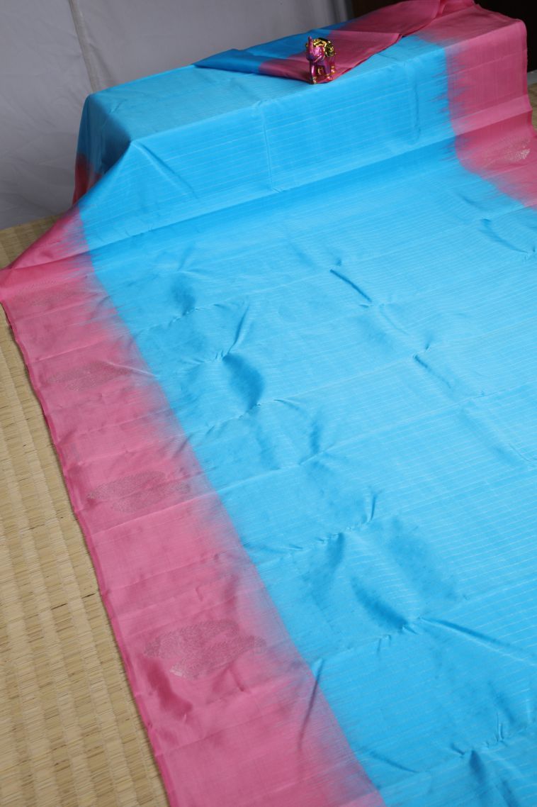 Cerulean Blue Soft Silk Saree with Gold And Silver Zari Checks view 2