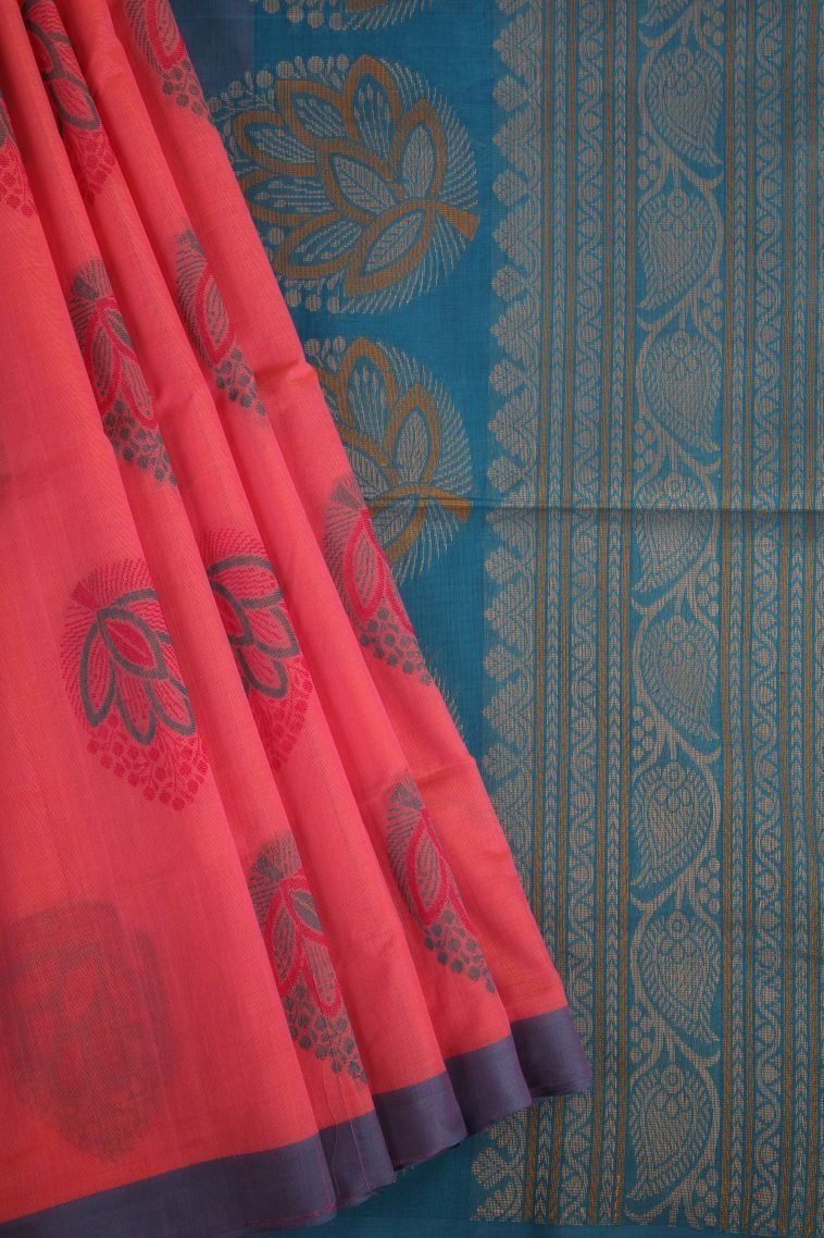 Rouge Pink Pure Handloom Kovai Cotton with Gold Zari Floral Patterns view 1