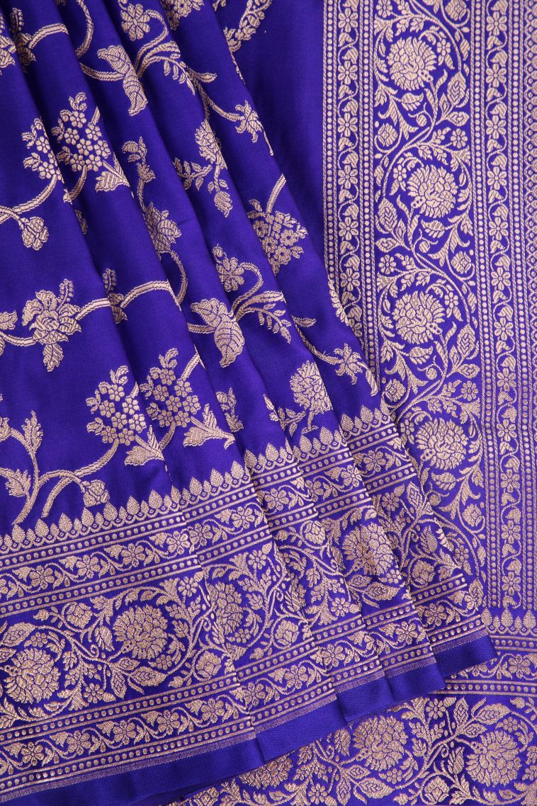 Lapis Blue Banaras Sarees with Gold Zari Floral Patterns view 1