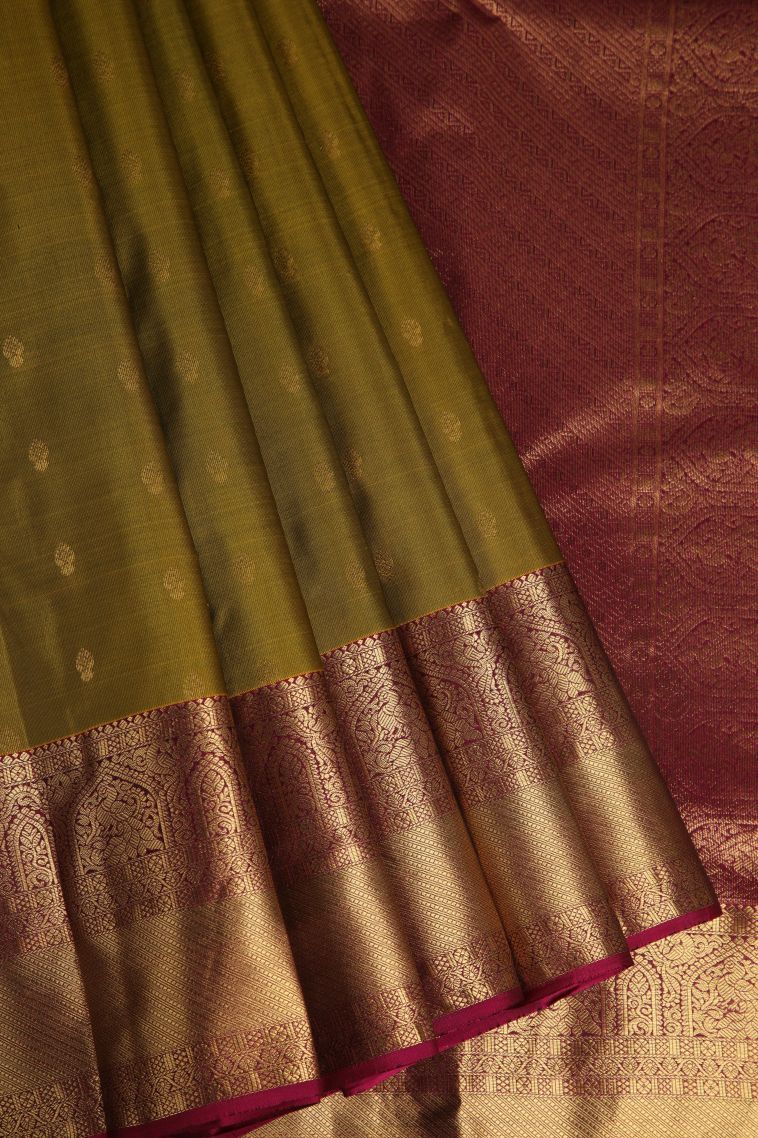 Juniper Green Soft Silk Saree with Gold Zari Buttis (small Dots Or Motifs) view 1