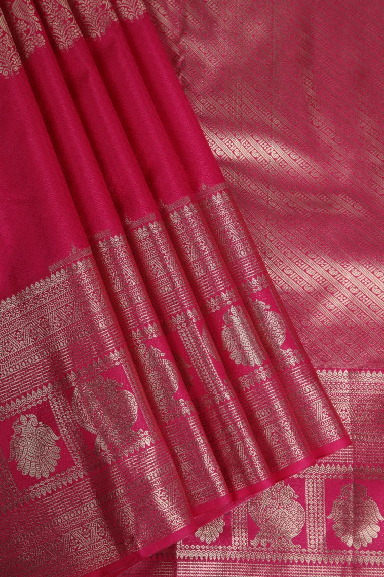 Apple Red Apoorva Silk Sarees with Gold Zari Peacock Motifs view 1