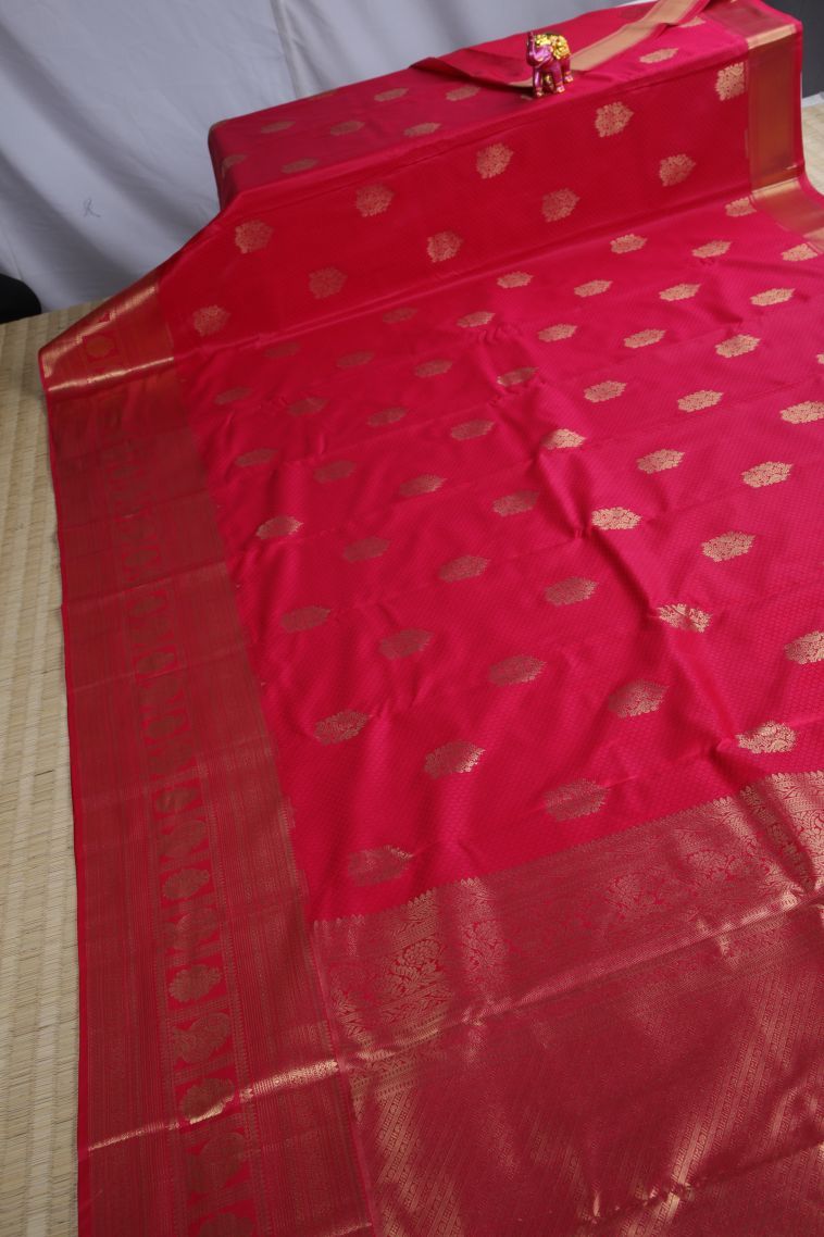 Apple Red Apoorva Silk Sarees with Gold Zari Peacock Motifs view 2