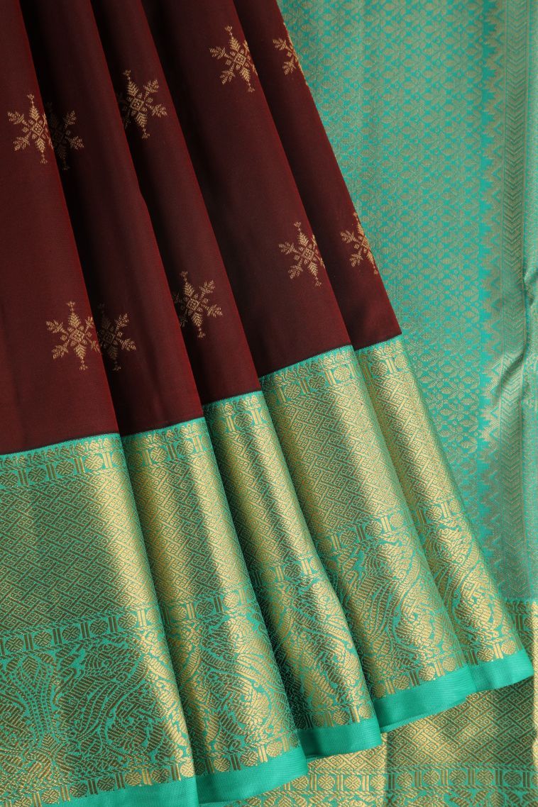 Penny Brown Soft Silk Saree with Gold Zari Floral Puttas view 1