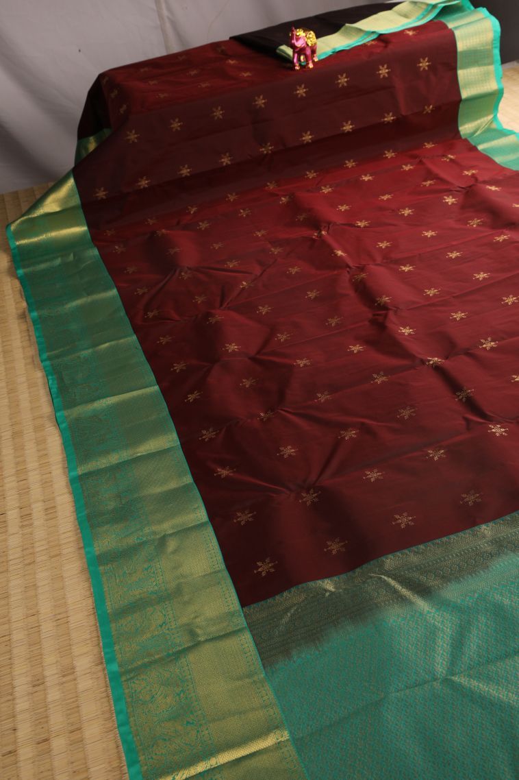 Penny Brown Soft Silk Saree with Gold Zari Floral Puttas view 2
