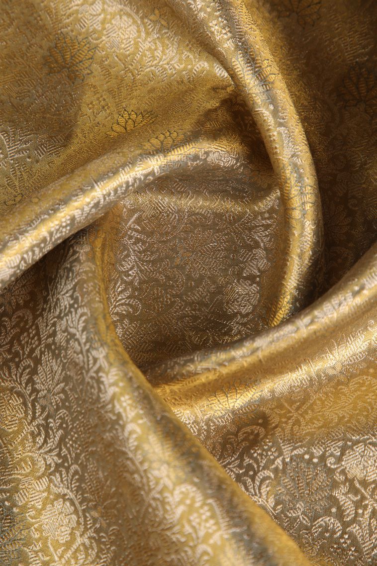 Hazelwood Yellow Kanchipuram Silk Sarees with Gold Zari Floral Patterns view 4