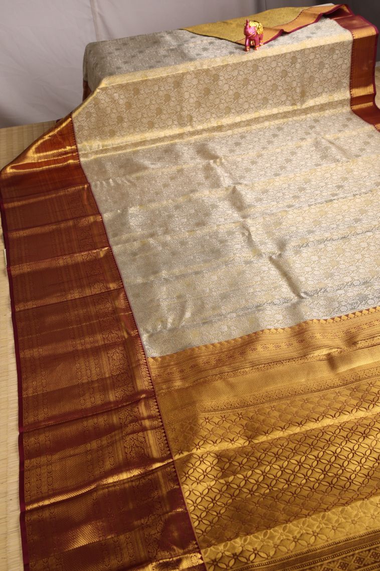 Hazelwood Yellow Kanchipuram Silk Sarees with Gold Zari Floral Patterns view 2