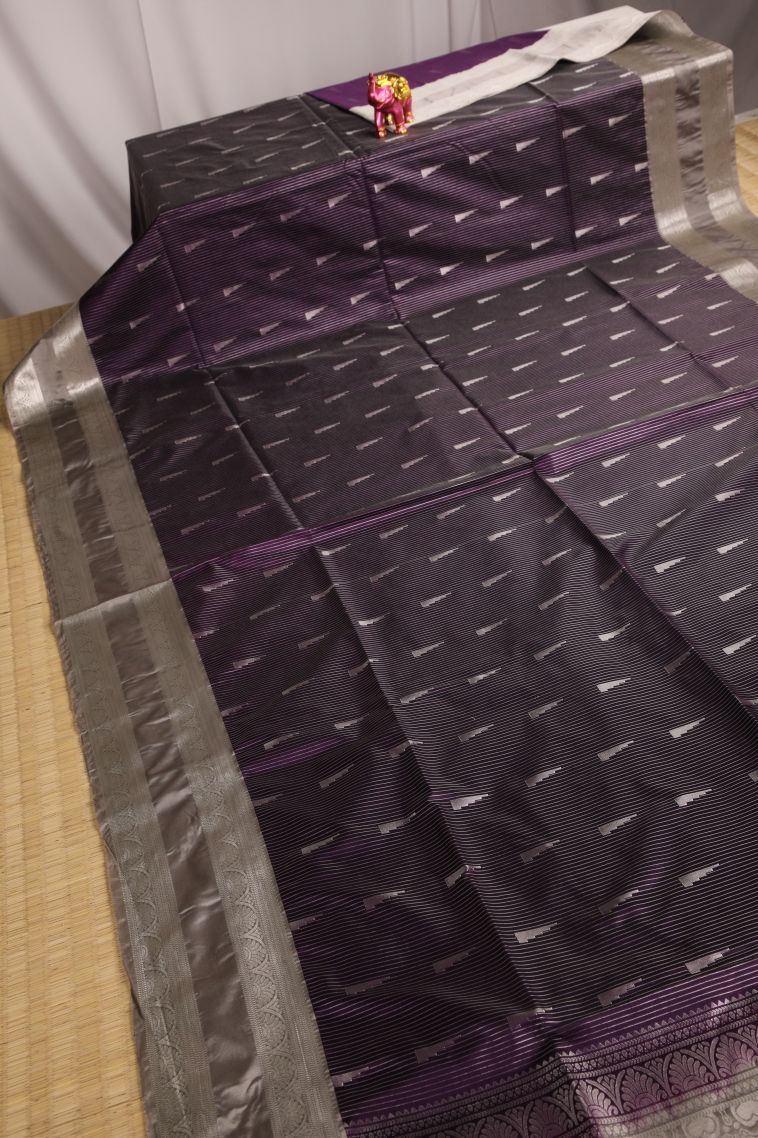 Bosenberry Purple Soft Silk Saree with Silver Zari Geometric Shapes view 2