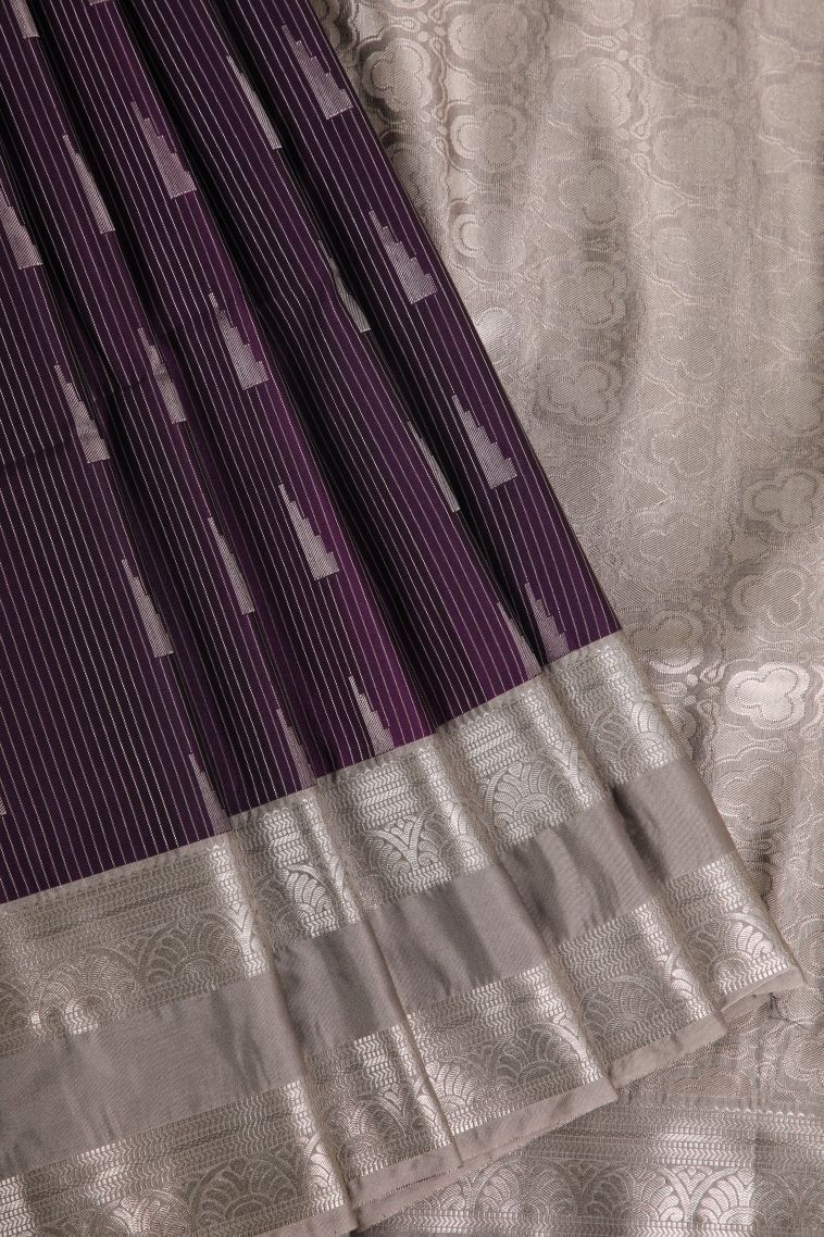 Bosenberry Purple Soft Silk Saree with Silver Zari Geometric Shapes view 1