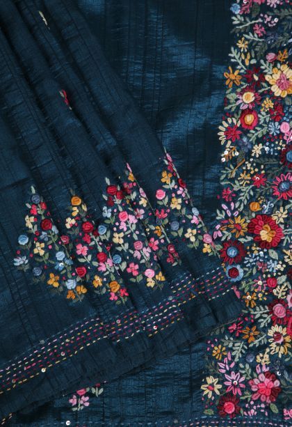 Aegean Blue Jute Sarees with Without Zari Zari Floral Patterns