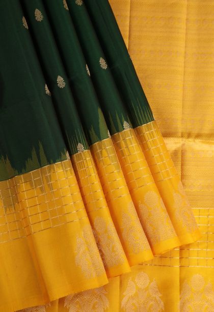 Bottle Green Soft Silk Saree with Gold Zari Buttis (small Dots Or Motifs)