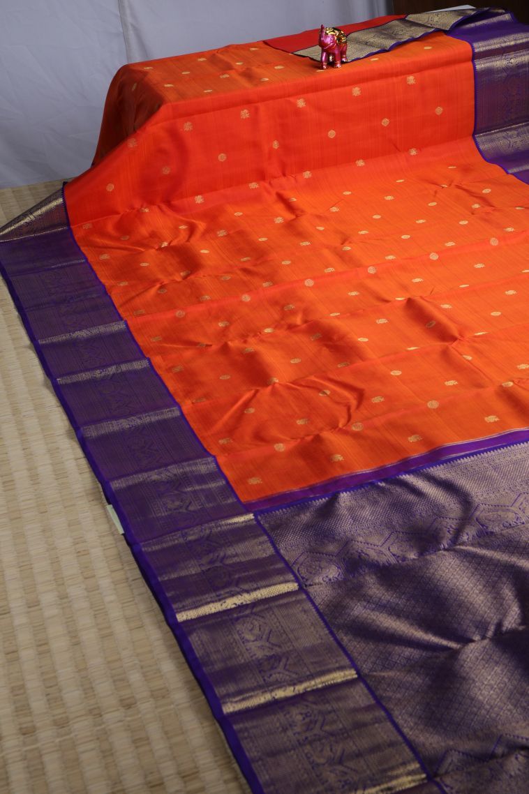 Tiger Orange Kanchipuram Silk Sarees with Gold Zari Peacock Motifs view 2