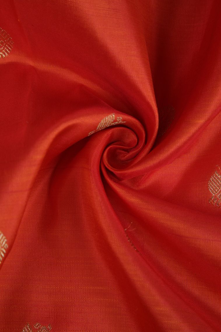 Tiger Orange Kanchipuram Silk Sarees with Gold Zari Peacock Motifs view 4