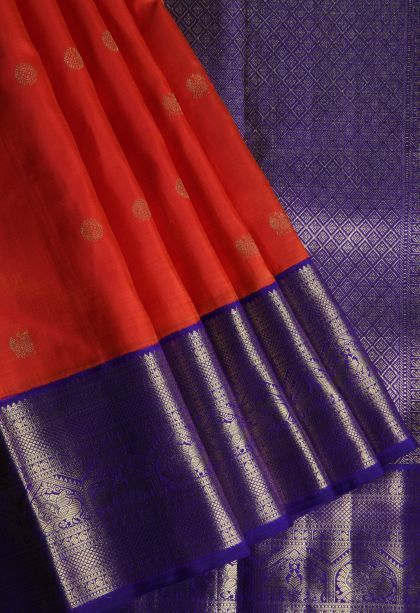 Tiger Orange Kanchipuram Silk Sarees with Gold Zari Peacock Motifs