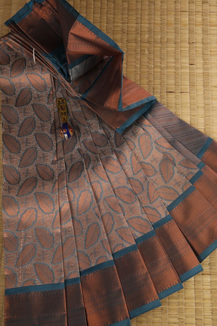 Gray Black Visiri Madippu Silk Sarees with Copper Zari Leaf Pattern view 1