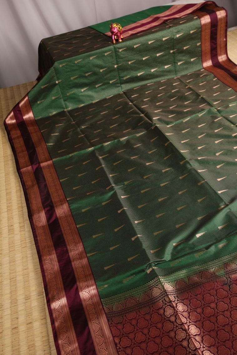Basil Green Soft Silk Saree with Copper Zari Geometric Shapes view 2