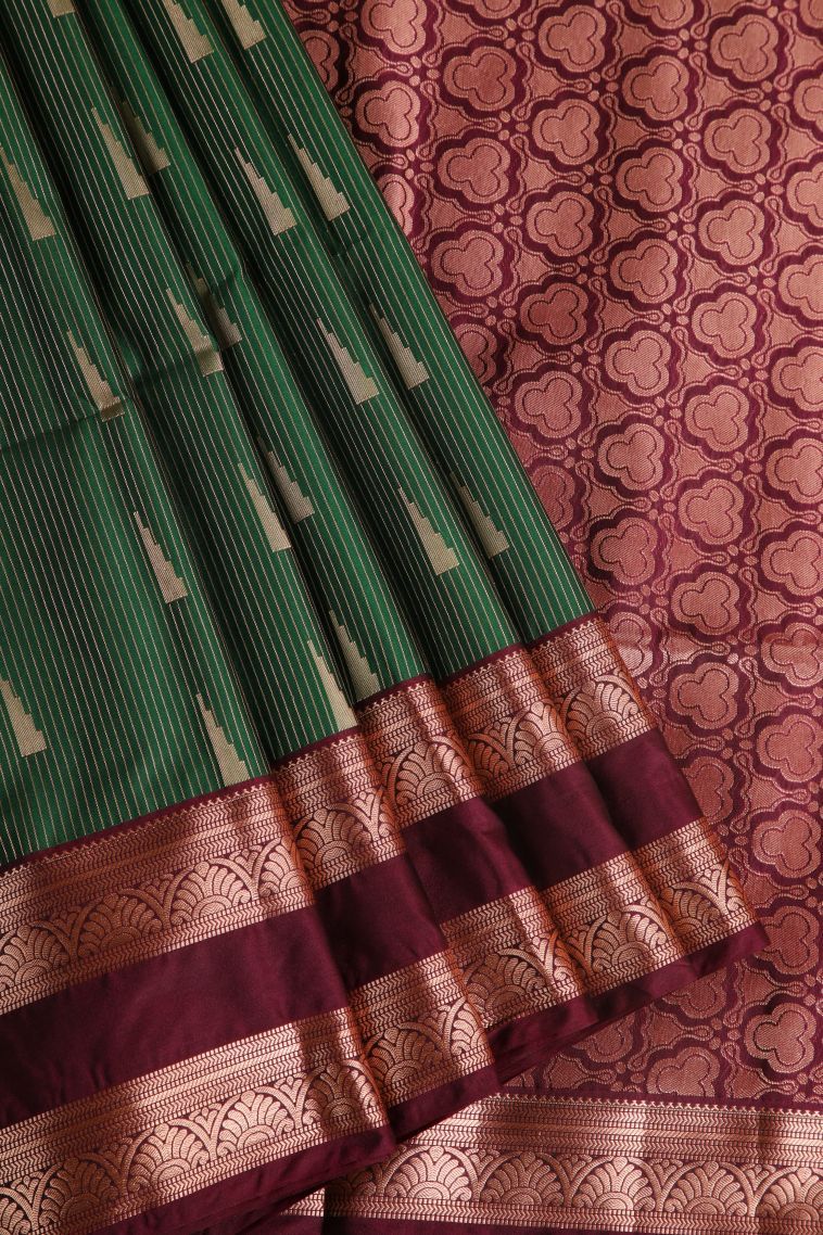Basil Green Soft Silk Saree with Copper Zari Geometric Shapes view 1