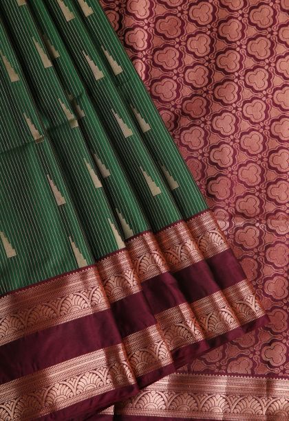Basil Green Soft Silk Saree with Copper Zari Geometric Shapes