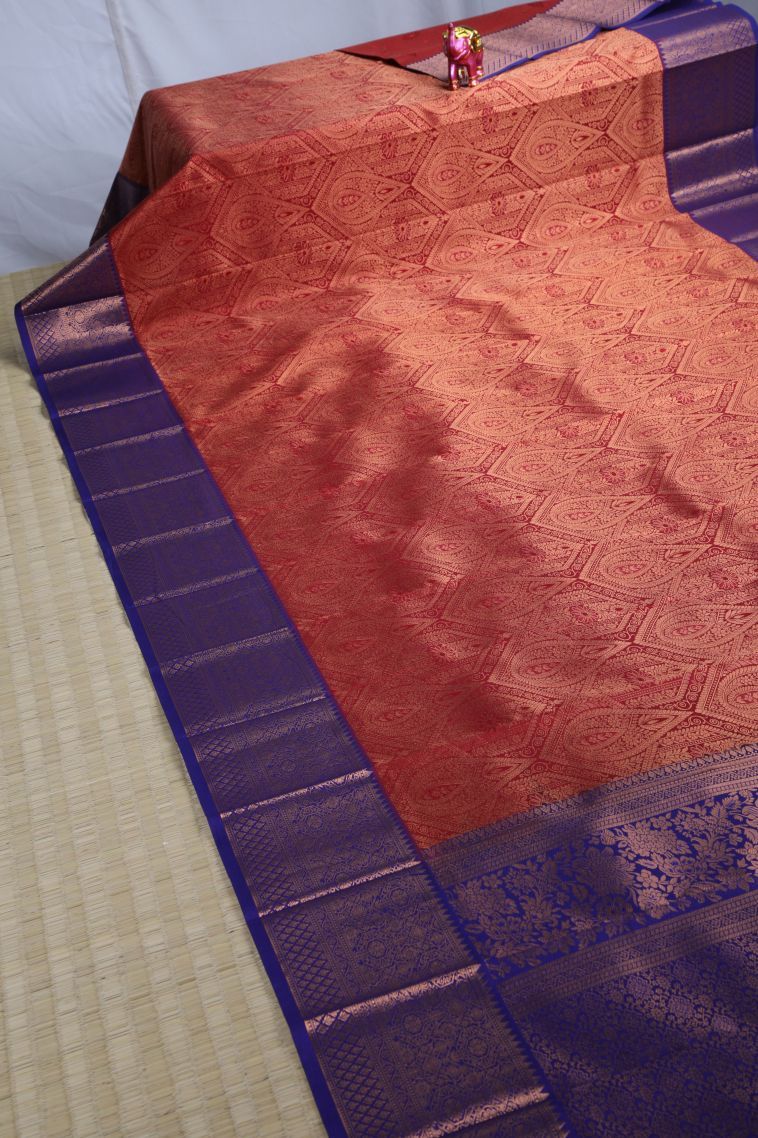 Lipstick Red Visiri Madippu Silk Sarees with Copper Zari Floral Patterns view 2
