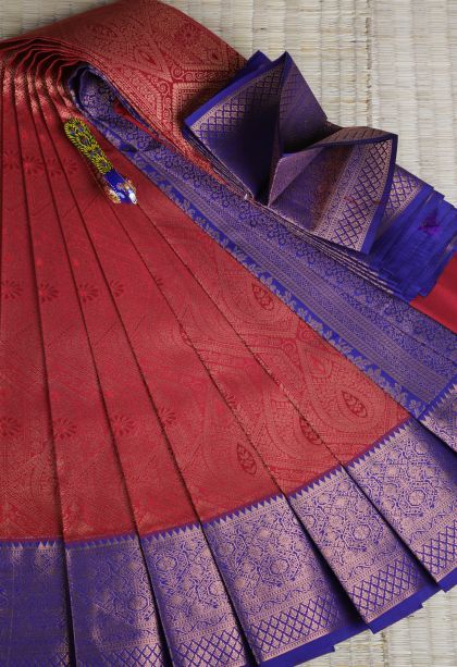 Lipstick Red Visiri Madippu Silk Sarees with Copper Zari Floral Patterns