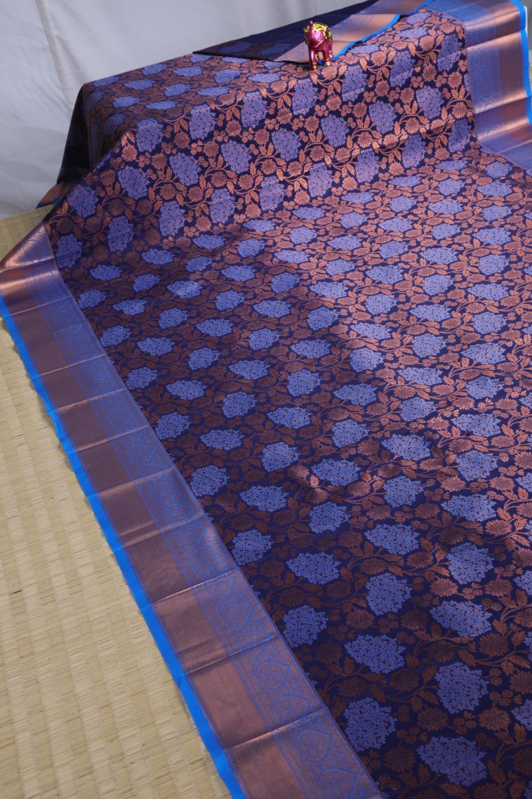 Cobalt Blue Visiri Madippu Silk Sarees with Copper Zari Floral Patterns view 2
