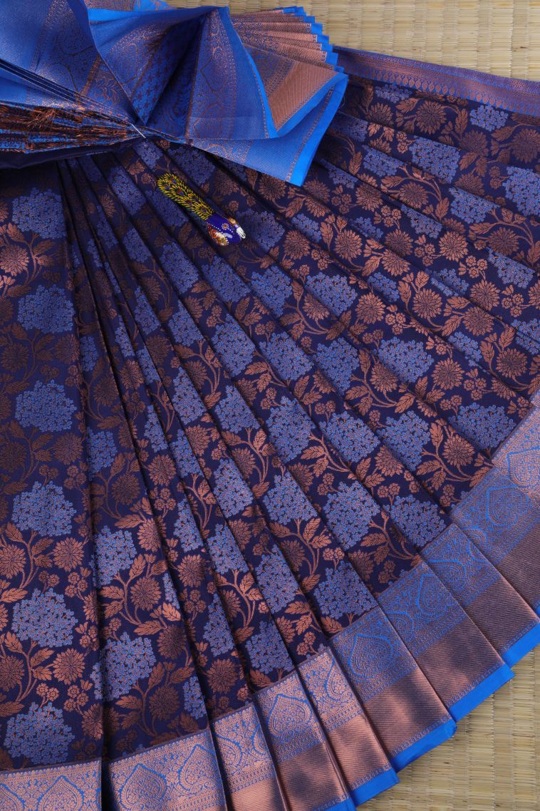 Cobalt Blue Visiri Madippu Silk Sarees with Copper Zari Floral Patterns view 1