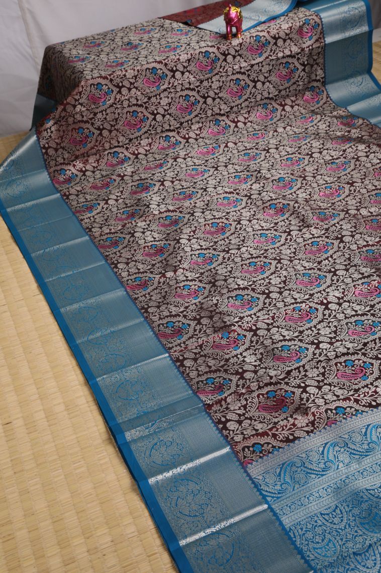 Penny Brown Visiri Madippu Silk Sarees with Silver Zari Floral Patterns view 2