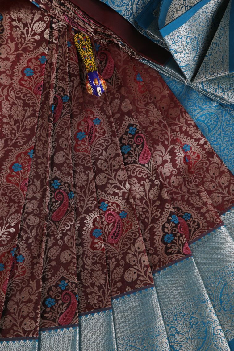 Penny Brown Visiri Madippu Silk Sarees with Silver Zari Floral Patterns view 1