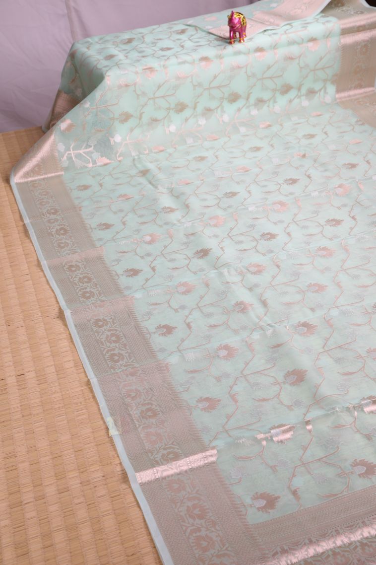 Sky Blue Organza Saree with Copper Zari Floral Patterns view 2