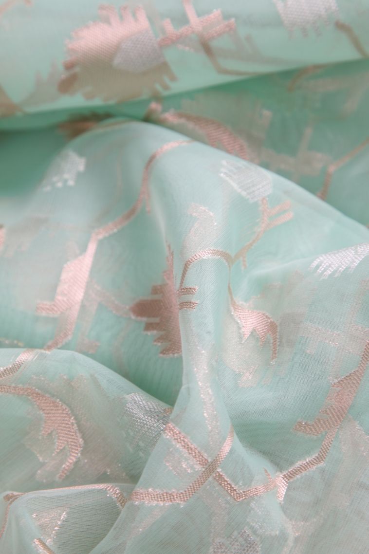 Sky Blue Organza Saree with Copper Zari Floral Patterns view 4