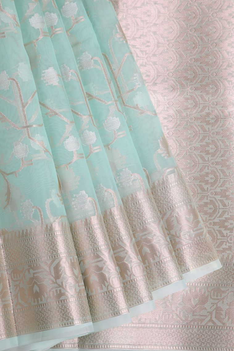 Sky Blue Organza Saree with Copper Zari Floral Patterns view 1