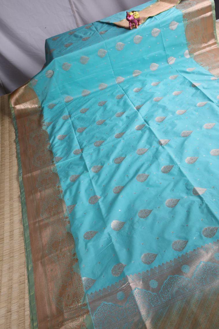 Arctic Blue Apoorva Silk Sarees with Gold Zari Floral Patterns view 2