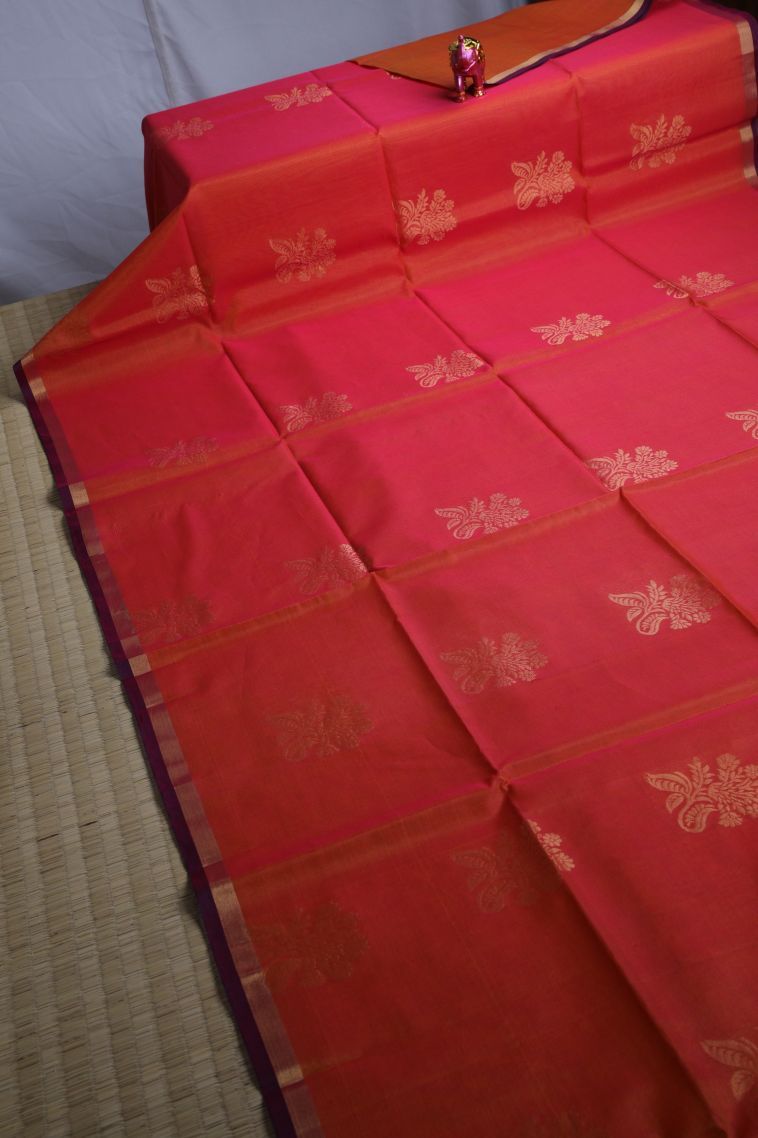Carrot Orange Silk Cotton Sarees with Gold Zari Floral Patterns view 2