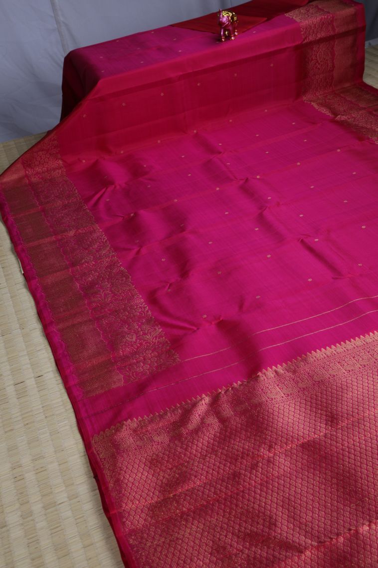 Hot Pink Kanchipuram Silk Sarees with Gold Zari Floral Patterns view 2